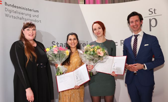v.l.n.r.: Ingrid Gogl (PRVA), Manisha Joshi und Florentina Perschy (Ketchum), Florian Frauscher (BMDW) © APA Fotoservice / Ludwig Schedl