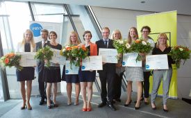 PreisträgerInnen und ÜbergeberInnen des Wissenschaftspreises 2015: v.l.n.r.: Kathleen Opoku, Mathias Bauer, Melanie Sumereder, Lisa Kampel, Silvana Grissemann, Christian Stalf, Susanne Senft, Katharina Schmied, Iris Rauskala, Lena Finkel © PRVA/APA-Fotoservice/Preiss